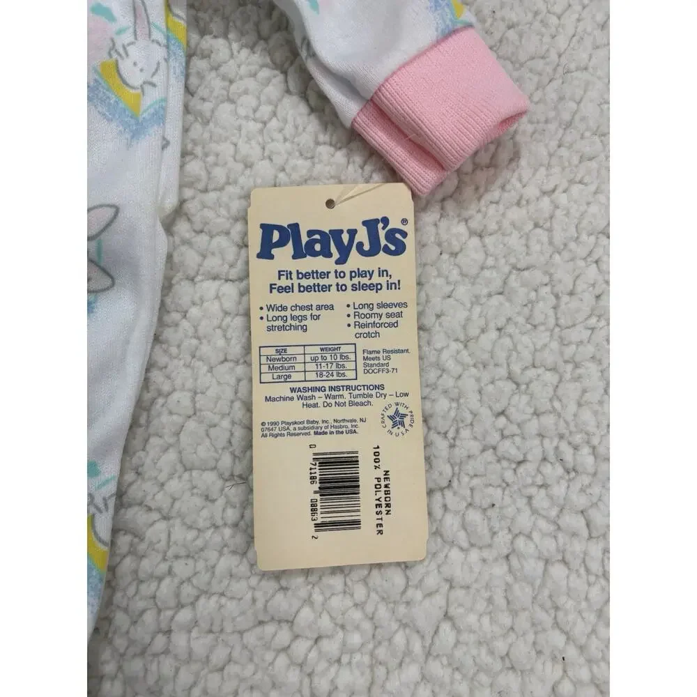 Vtg NOS NWT Playskool Baby PlayJ’s One Piece Pajamas Newborn 90s‎ Bunny Rabbit